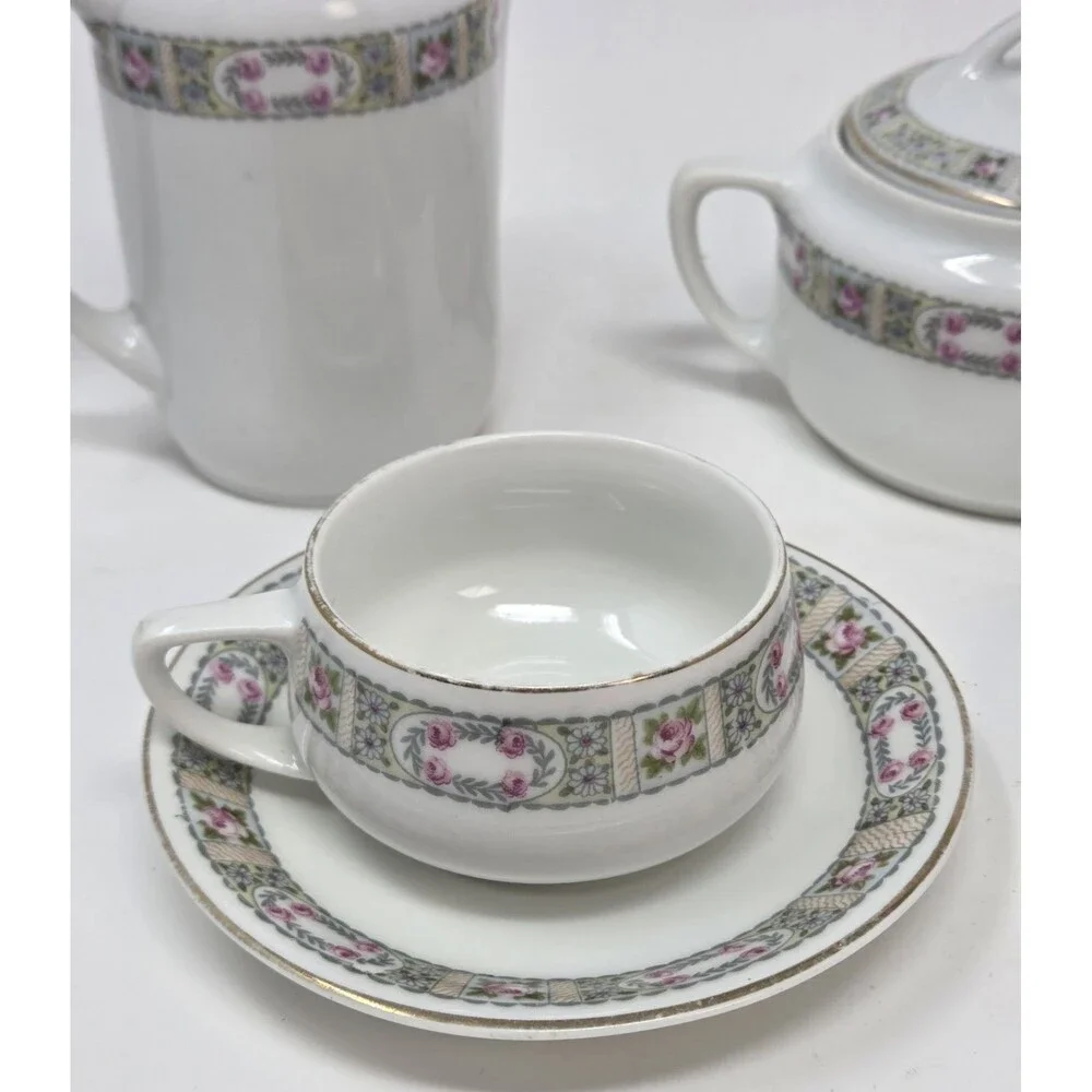 KPM Germany Antique‎ Porcelain Tea Set Creamer Sugar 2 Cups Saucers Rose 1900s